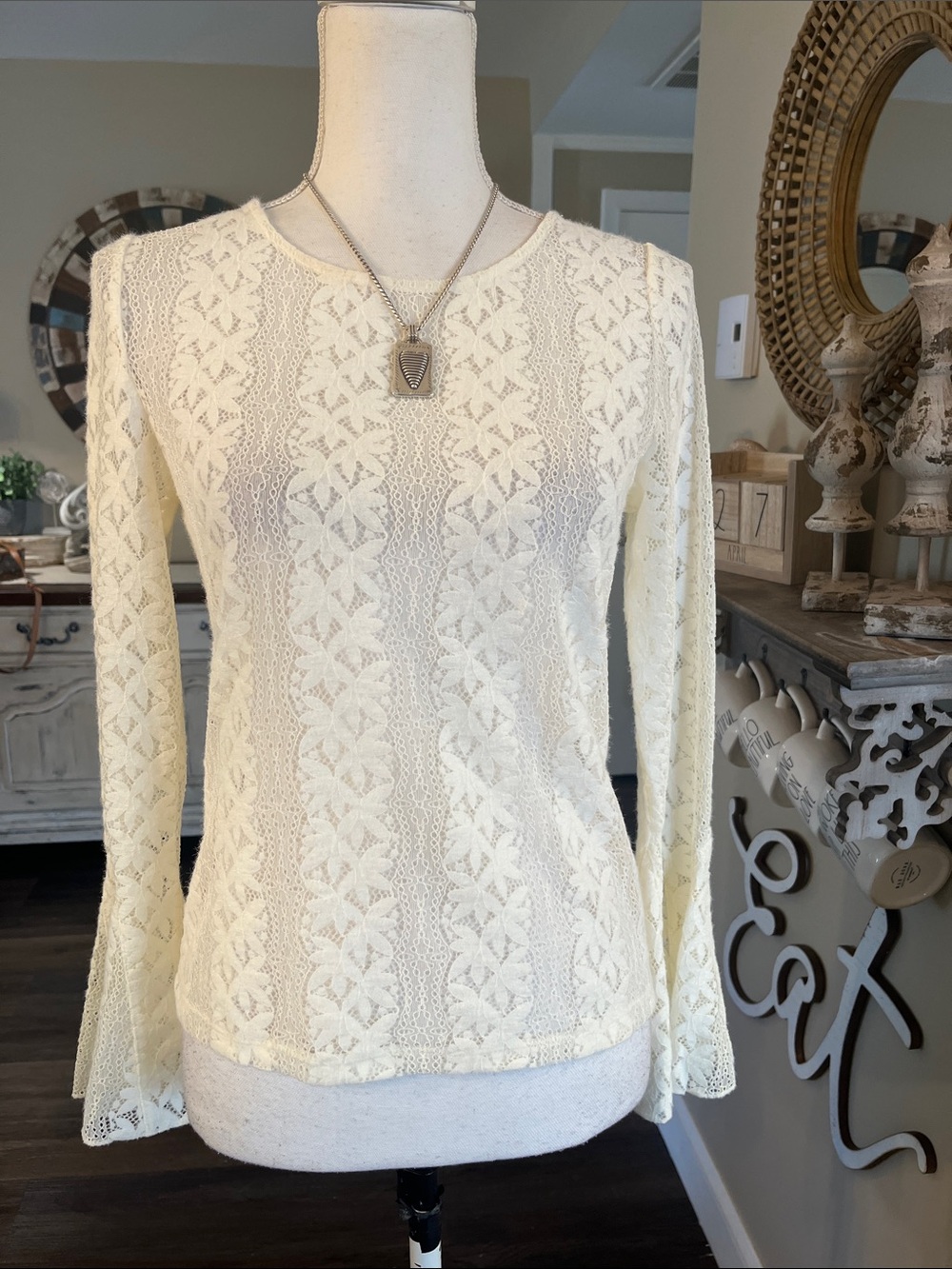 LOFT Cream Lace Long-Sleeve Knit Top